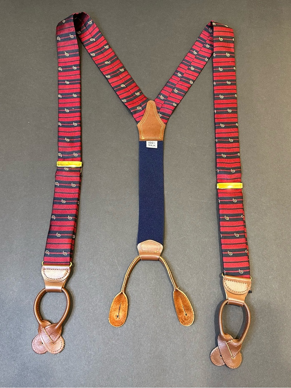 VTG 1980s Trafalfar 100% Silk Suspenders Braces Red Navy Blue Stripe Paisley